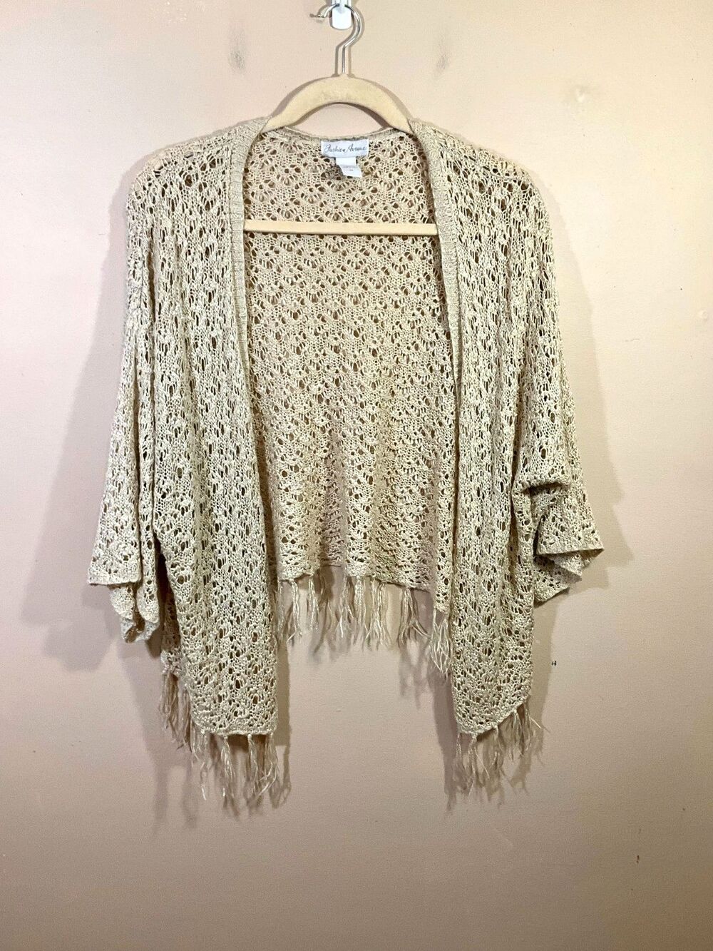 VTG Womens Crochet Open Front Cardigan 3X Beige Boho Coastal Cottage Whimsigoth